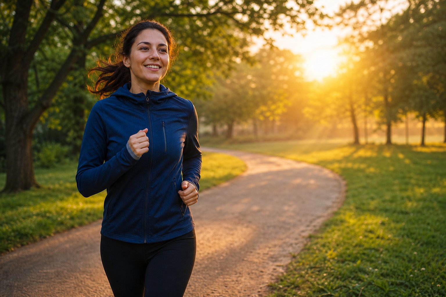 A person jogging through a park at sunrise