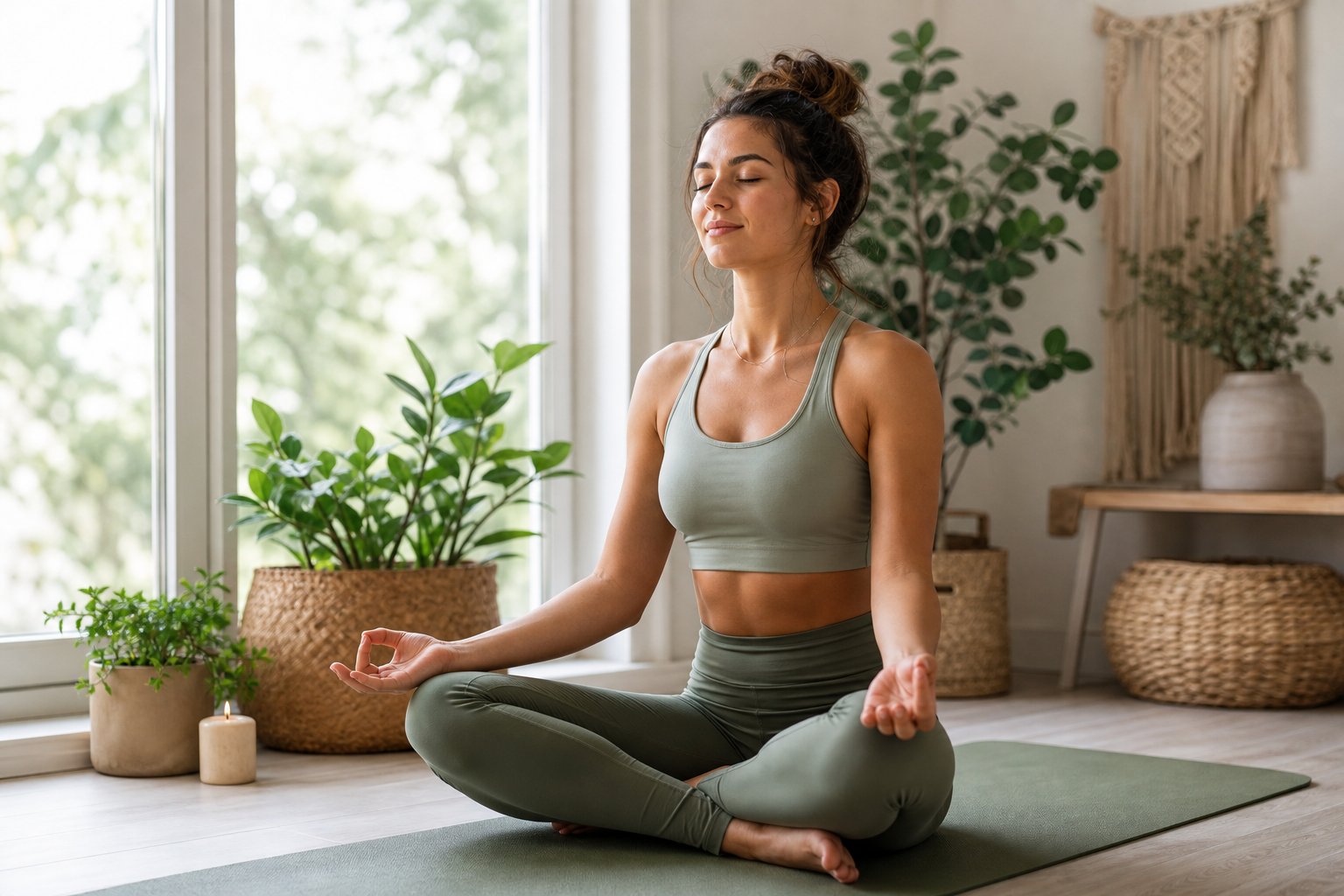 A person meditating peacefully by a bright window